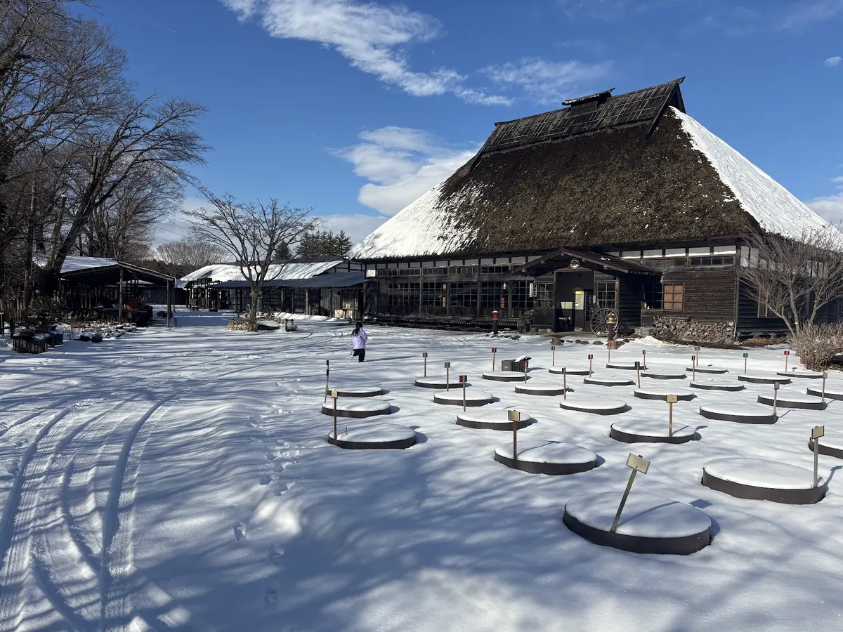 雪の積もった冬の鯉艸亭と園内